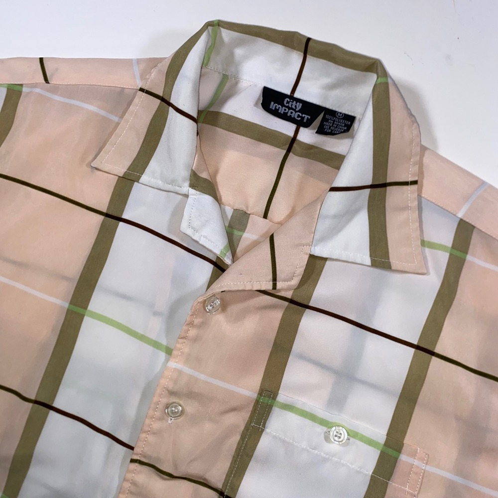 City Impact Mens Peach Olive Plaid Short Sleeve Button Down Shirt Size M